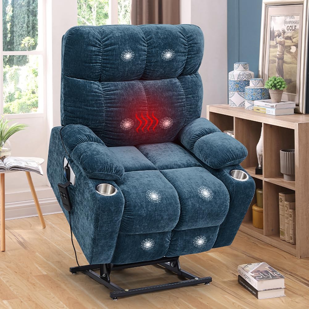 Blue Dual Motor Power Lift Recliner Chair with Remote Control Massage and Heat Cup Holder H628302