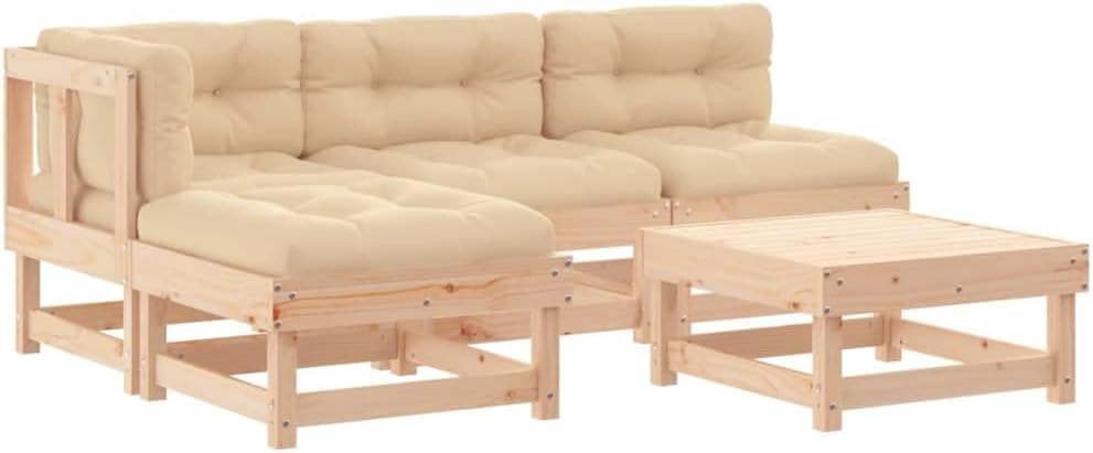 5 Piece Outdoor Patio Sectional Furniture Set with Cushions Solid Wood B787544