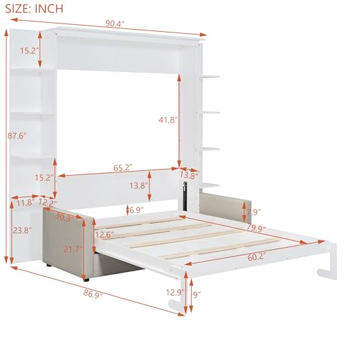 White Queen Size Wood Murphy Bed with Storage Shelves W17579