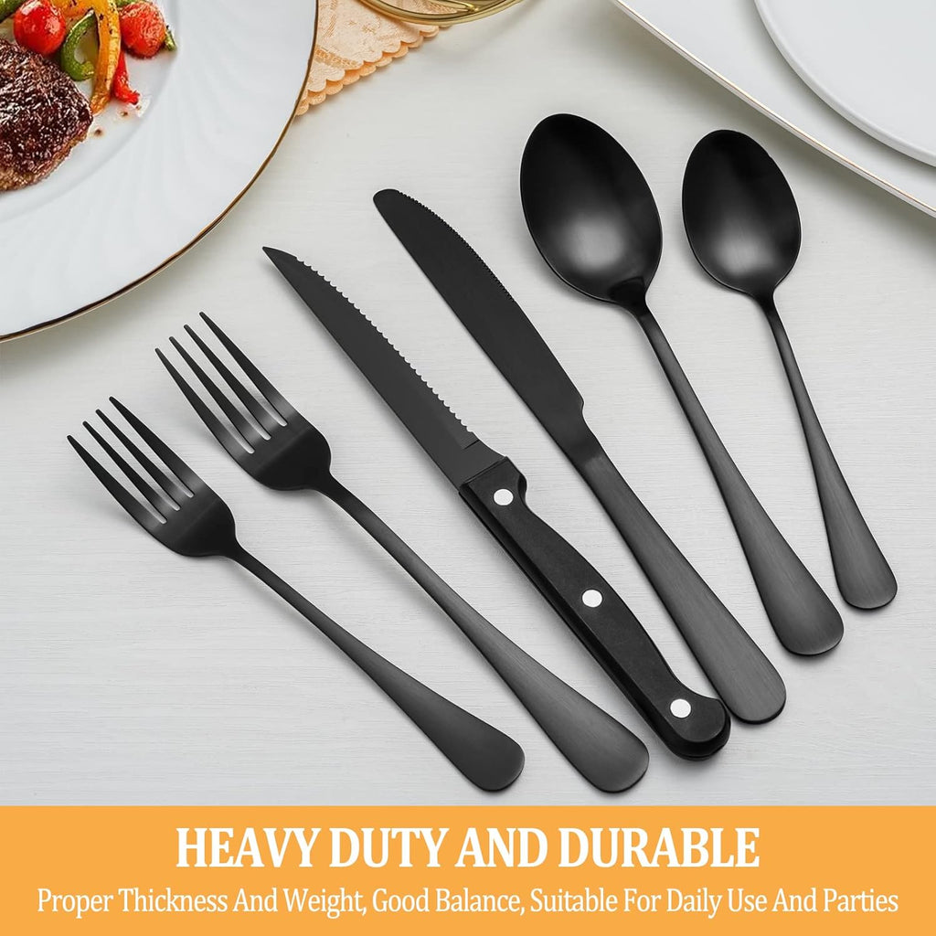 48 Piece Matte Black Stainless Steel Flatware Set with Steak Knives Y4581