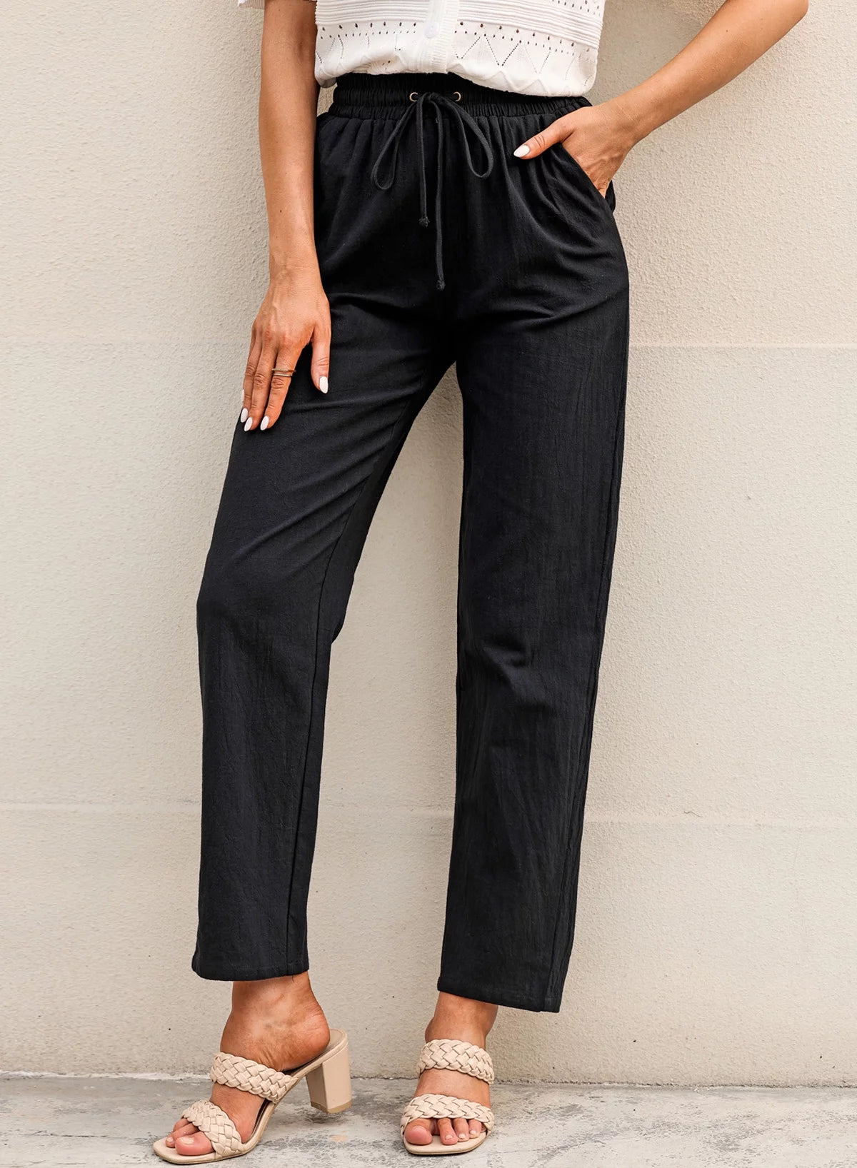 Black Linen Straight Leg Elastic Waist Pants with Pockets 2XL D299414