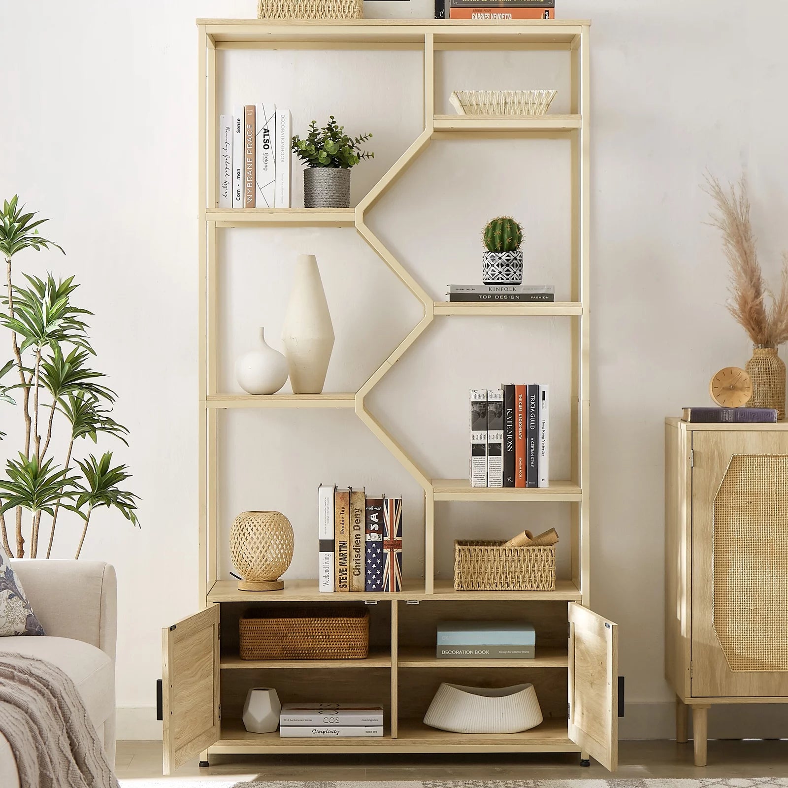 7 Tiers Rattan Bookcase with Doors O285331