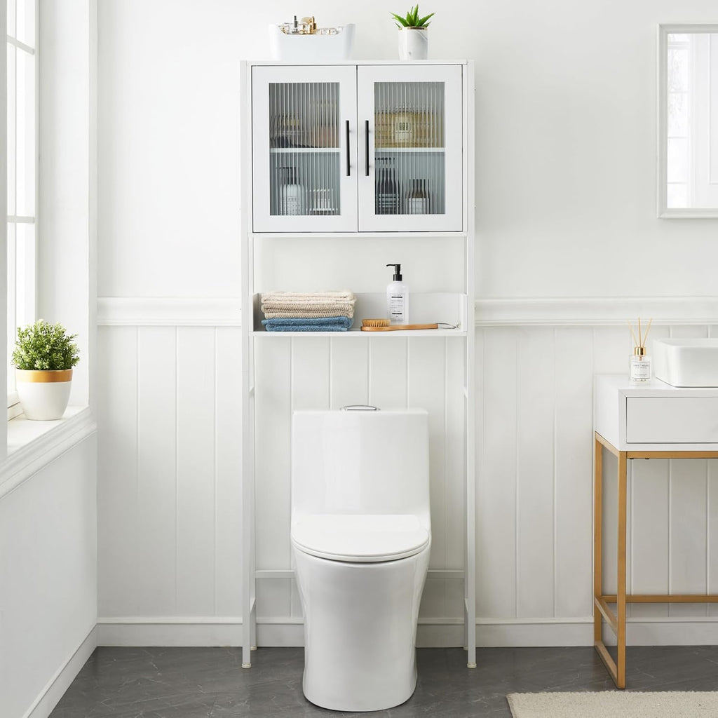 White Over The Toilet Storage Cabinet with Glass Doors and Adjustable Shelves I888