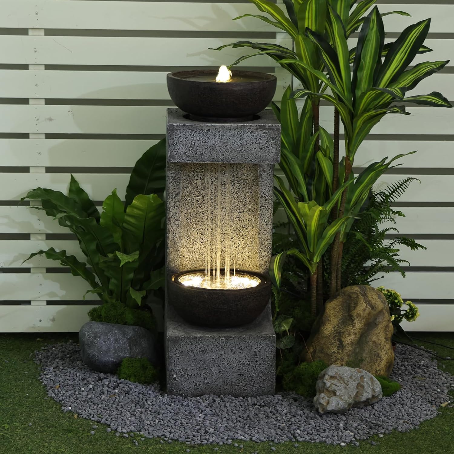 33.9" H Modern Tiered Outdoor Fountain with Lights and Stone Planter T304286