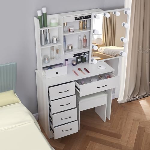 White Vanity Desk with Makeup Mirror and 10 Lights, 3 Color Mode Dimmable Sliding Lighted Mirror, 6 Large Drawers and 3 Level Storage Shelves, Upholstered Stool N56243