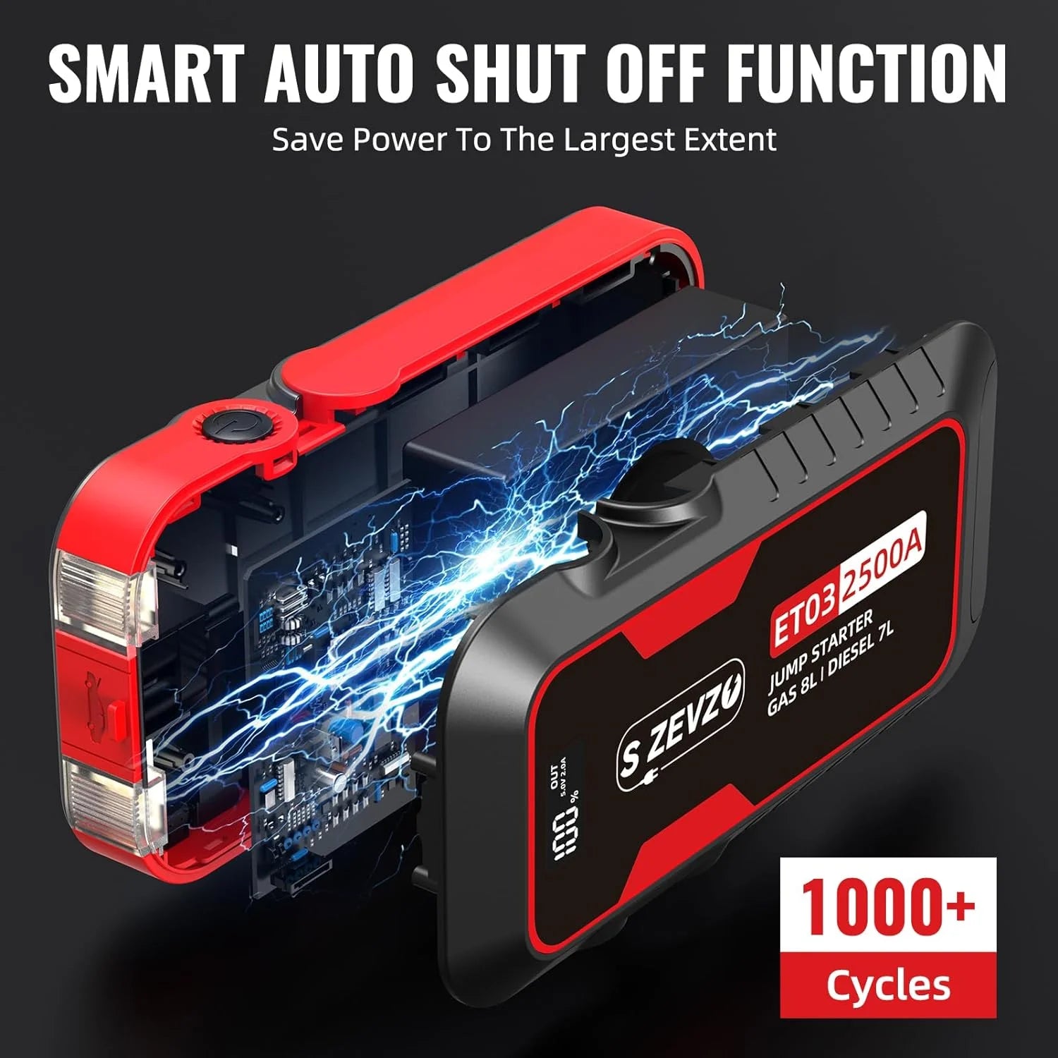 2500A 74Wh Portable 12V Car Jump Starter with LCD Display and LED Light B877