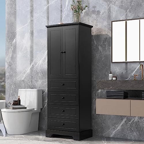 68.1" Tall Storage Cabinet with 2 Doors and 4 Drawers, Adjustable Shelf, MDF Board with Painted Finish, Solid Wood Frame (Black) G47535