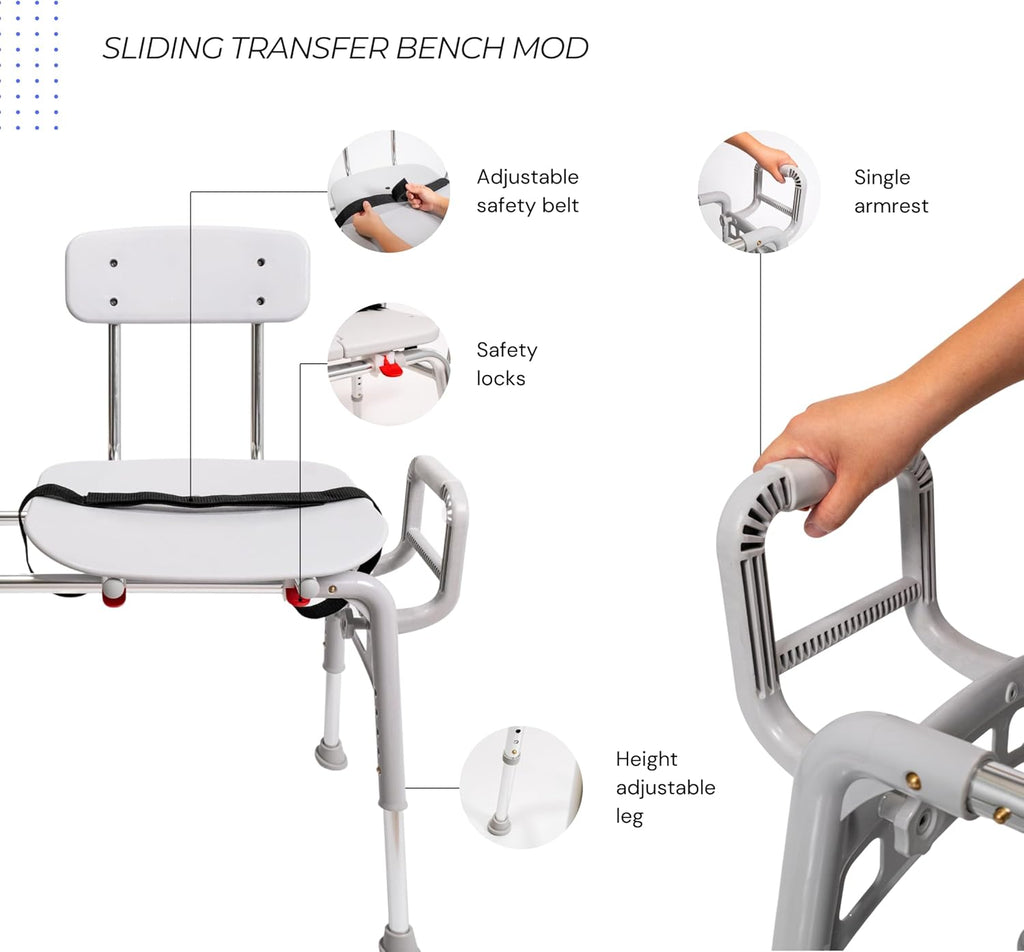 Sliding Transfer Bench & Tub Shower Chair with Interchangeable Arm Rest, Height Adjustable, High Weight Capacity up to 350 LBs U564813
