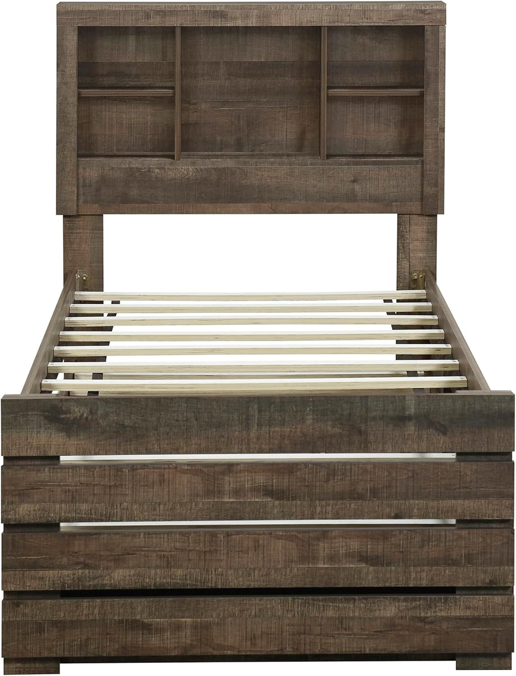 Twin Size Bookcase Captain Bed with Three Drawers and Trundle, Rustic Brown W123
