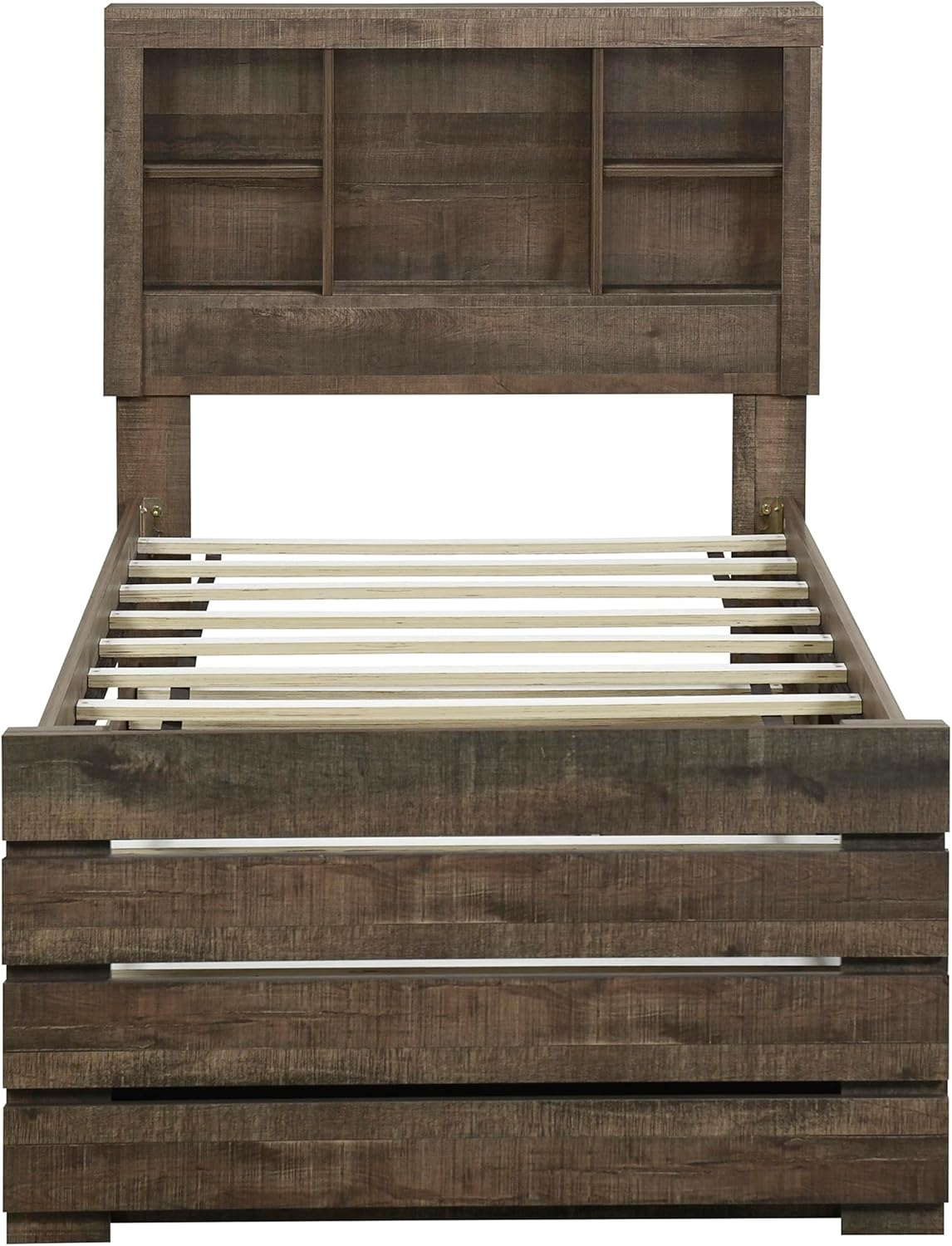 Twin Size Bookcase Captain Bed with Three Drawers and Trundle, Rustic Brown W123