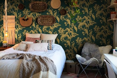 Dark Green Gold Vintage Floral Peel and Stick Wallpaper 17.3" X 118" K225