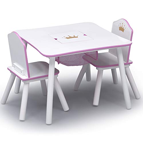 White/Pink Kids Wood Table and Chair Set with Storage J624
