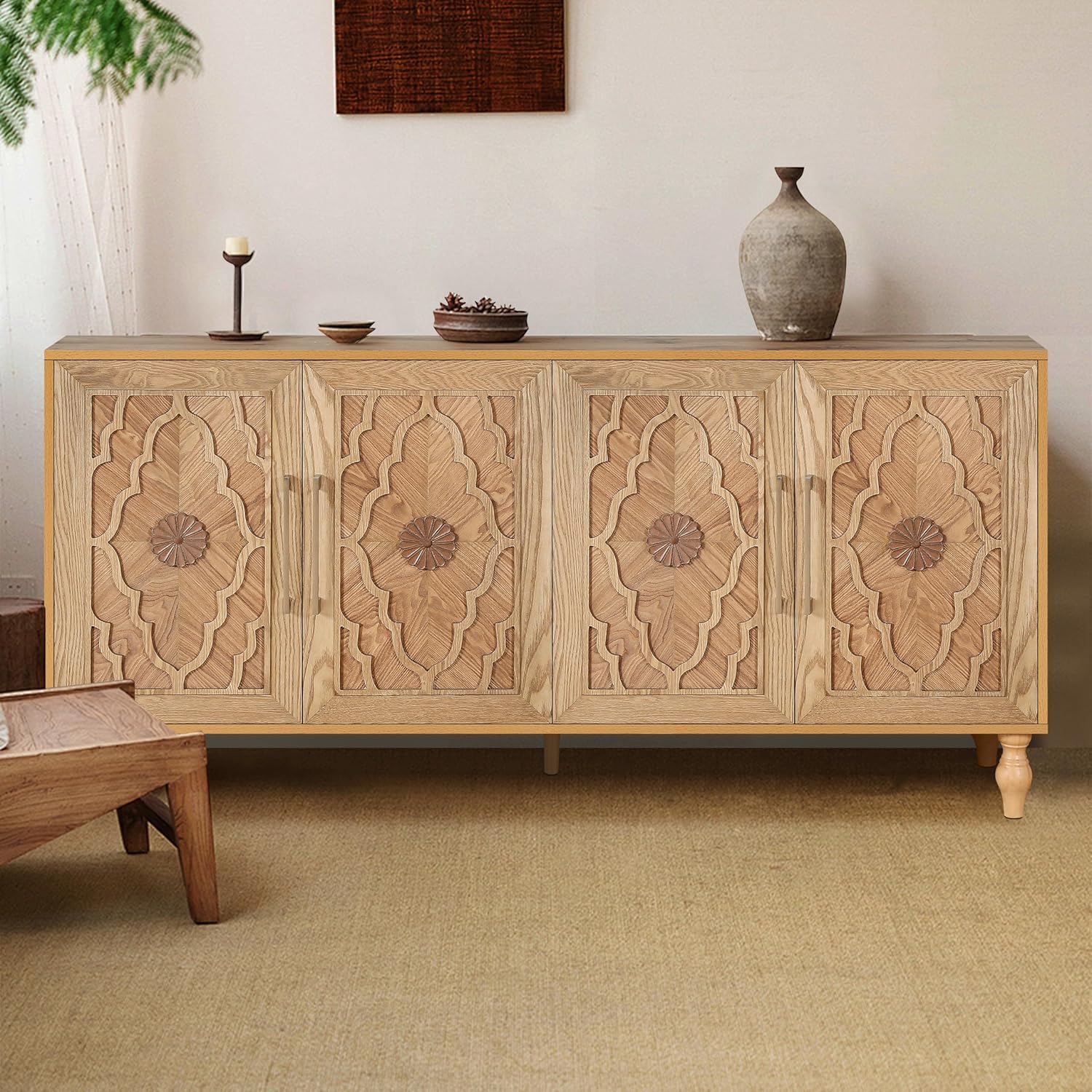 63" Carved Flower Door Large Storage Cabinet with Metal Handle (Natural Wood) E884966