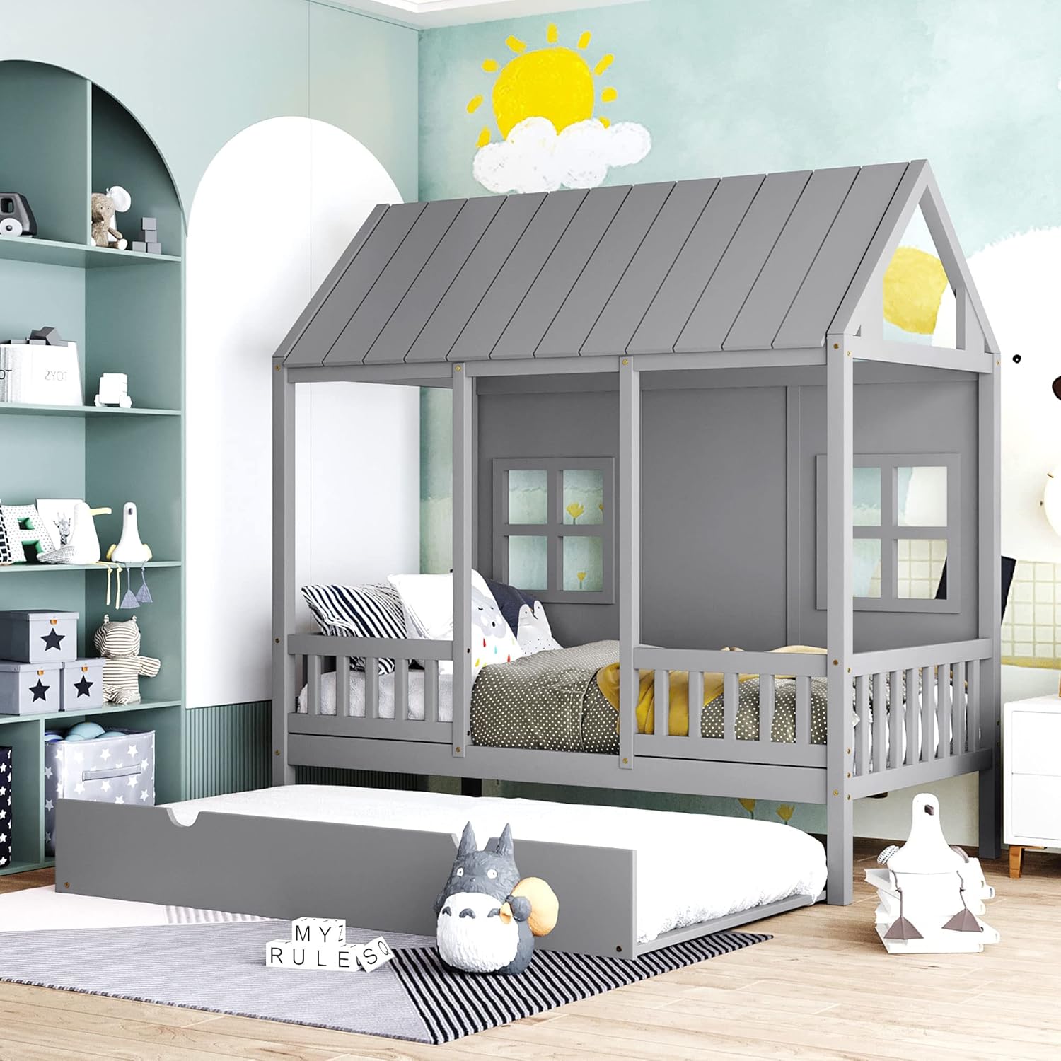Gray Twin Size Wooden House Bed with Trundle F23323