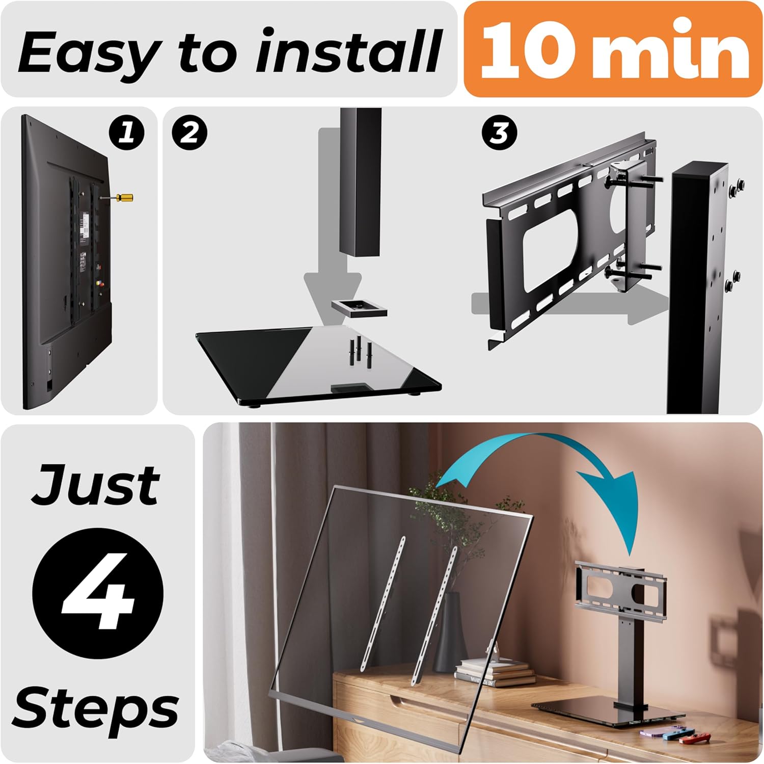 Swivel Height Adjustable TV Stand with Tempered Glass Base, BLACK I711