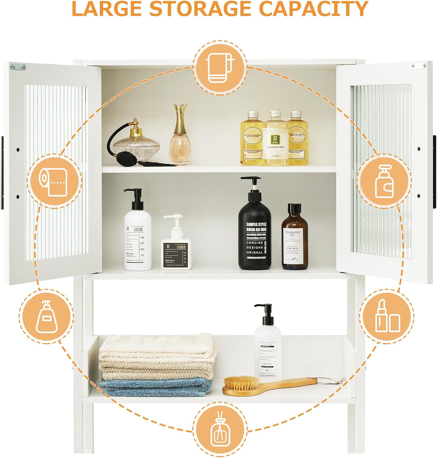 White Over The Toilet Storage Cabinet with Glass Doors and Adjustable Shelves I888