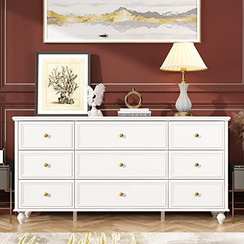 White 9 Drawer Chest of Drawers with Gold Metal Handles & Wooden Legs J6863