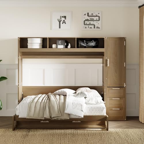 Antique Grey Solid Wood Murphy Bed with Wardrobe and Drawers K559972