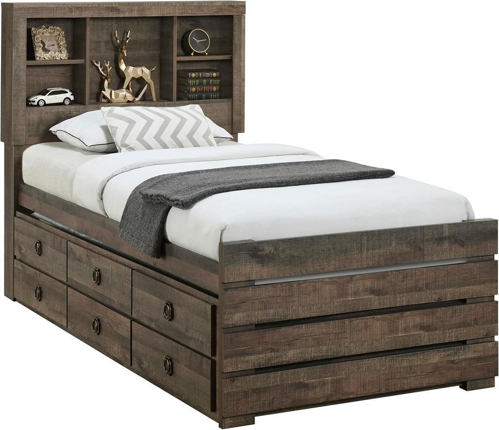 Twin Size Bookcase Captain Bed with Three Drawers and Trundle, Rustic Brown W123
