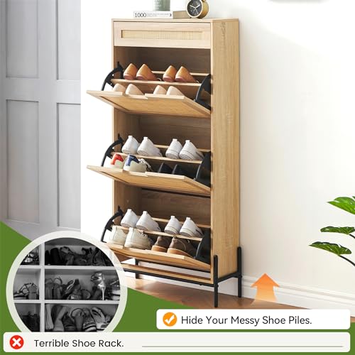 Oak Rattan Shoe Storage Cabinet with 3 Flip Door and 1 Drawer M7357