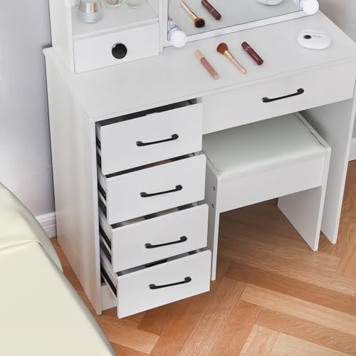 White Vanity Desk with Makeup Mirror and 10 Lights, 3 Color Mode Dimmable Sliding Lighted Mirror, 6 Large Drawers and 3 Level Storage Shelves, Upholstered Stool N56243