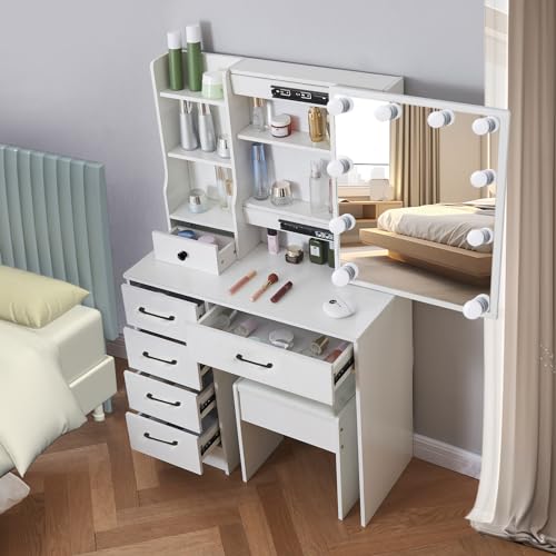 White Vanity Desk with Makeup Mirror and 10 Lights, 3 Color Mode Dimmable Sliding Lighted Mirror, 6 Large Drawers and 3 Level Storage Shelves, Upholstered Stool N56243
