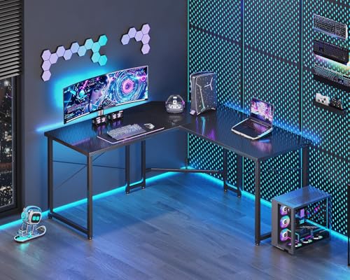 Black 51 inch L Shaped Gaming Desk with Carbon Fiber Surface L6875
