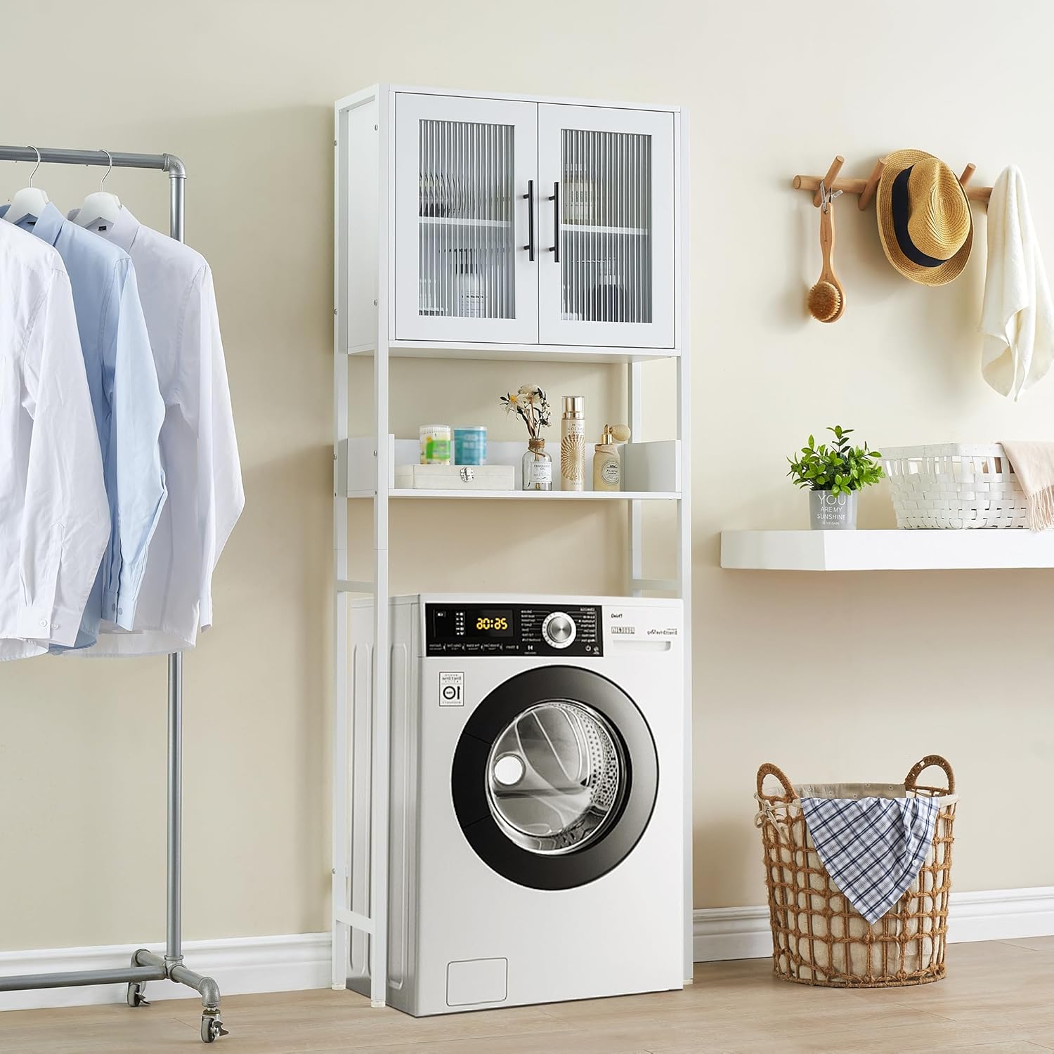 White Over The Toilet Storage Cabinet with Glass Doors and Adjustable Shelves I888