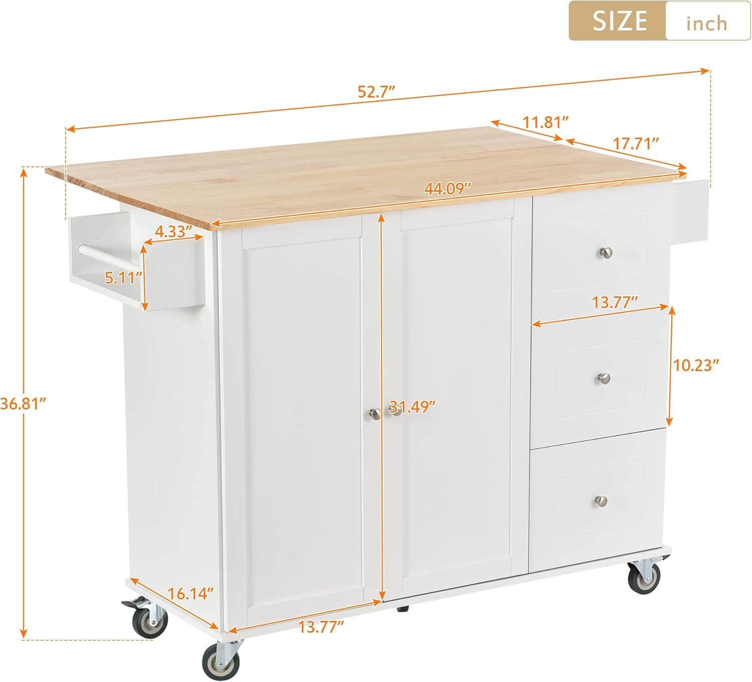 White Kitchen Island with 3 Drawers and Rolling Cart P231749