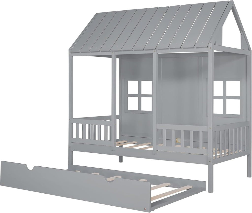 Gray Twin Size Wooden House Bed with Trundle F23323