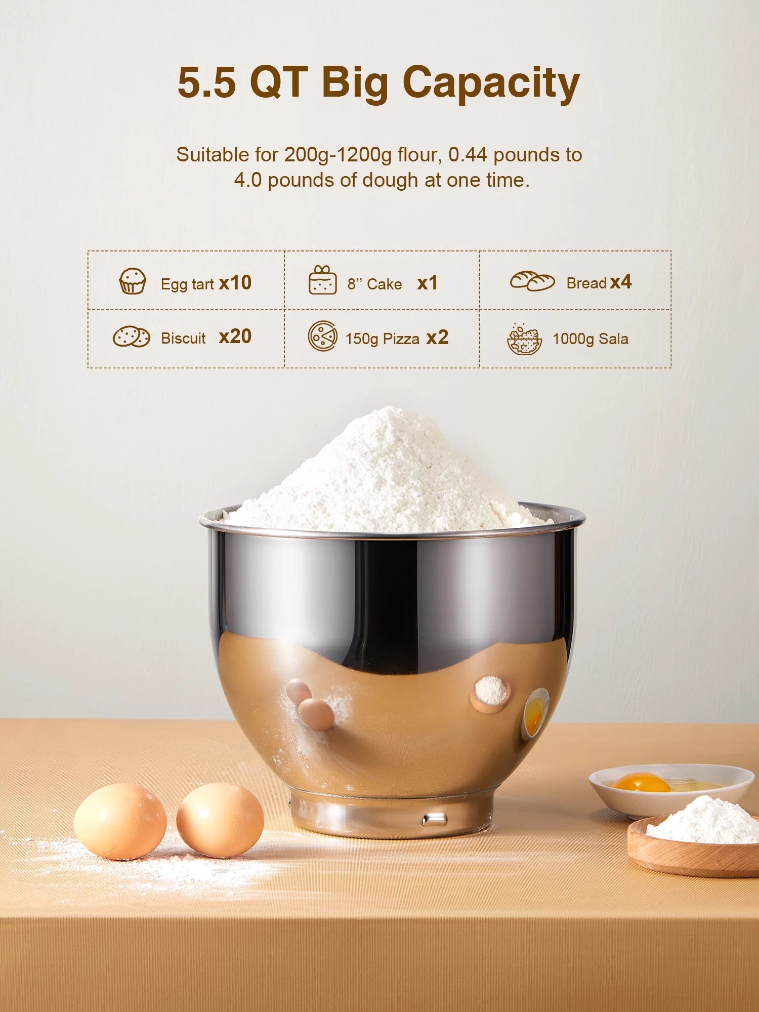 5.5QT Tilt-Head Stand Mixer with Dough Hook, Whisk & Beater, Gold X63956