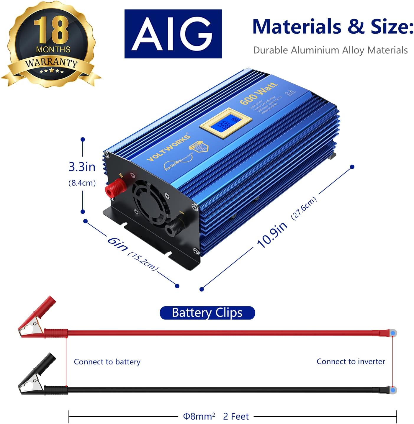 600 Watts Pure Sine Wave Power Inverter DC 12V to AC 110V 120V with Dual 2.4A USB Port & LCD Display T2839