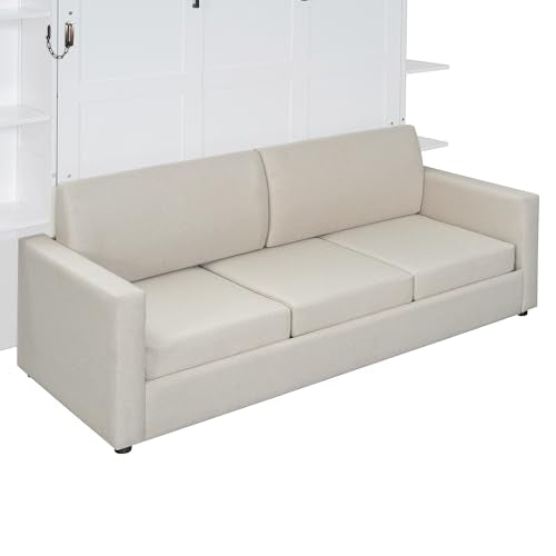 White Queen Size Wood Murphy Bed with Storage Shelves W17579