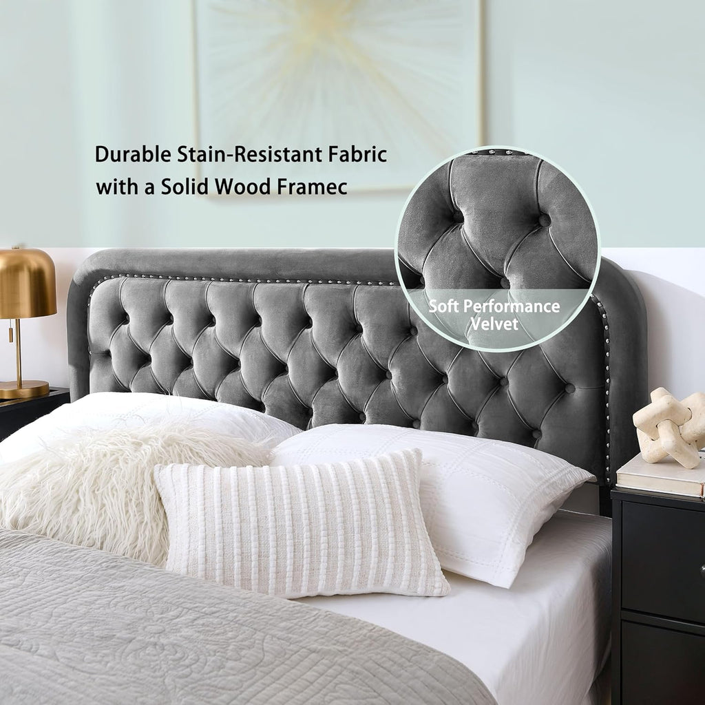 Grey Velvet Full Size Tufted Upholstered Headboard J628565