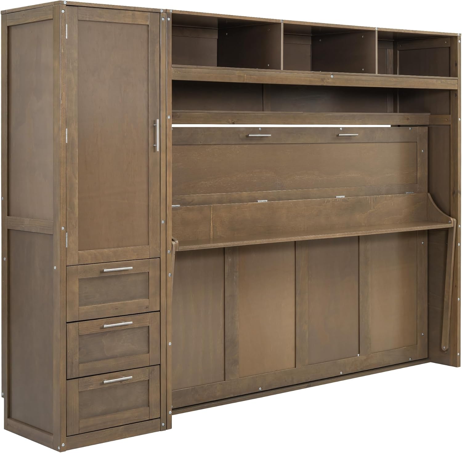 Full Size Murphy Bed Frame with Wardrobe, 3 Drawers and Open Shelves T428