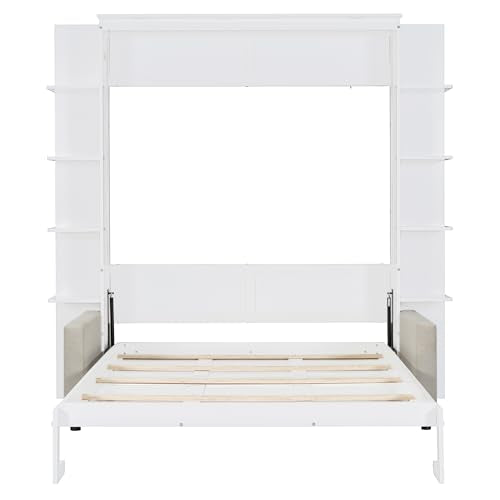 White Queen Size Wood Murphy Bed with Storage Shelves W17579
