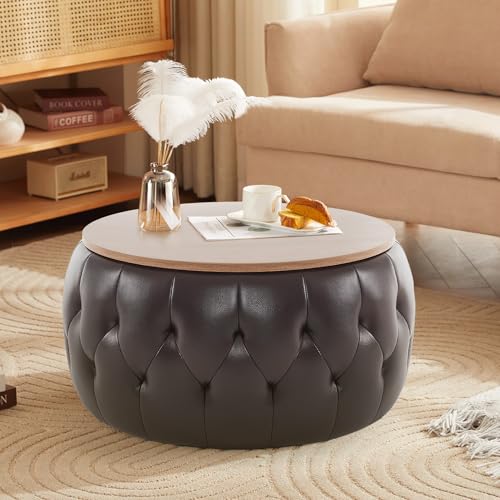 Velvet Round Storage Ottoman with Wooden Lid P118958