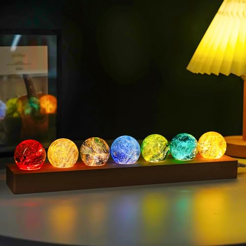 7 Pcs Crystal Glass Decorative Ball Set with LED Wooden Base X3427