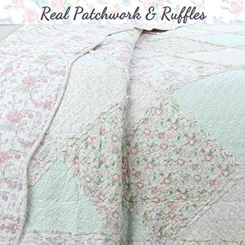 3-Piece Soft Pink Peach Green Cotton Reversible Queen Quilt Bedding Set I54539