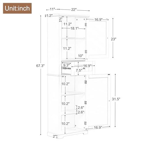 White Tall Bathroom Storage Cabinet with 2 Doors, 5 Shelves, 1 Drawer N324