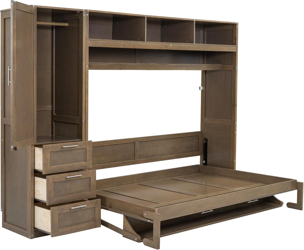 Full Size Murphy Bed Frame with Wardrobe, 3 Drawers and Open Shelves T428