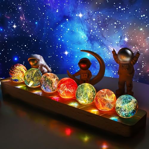 7 Pcs Crystal Glass Decorative Ball Set with LED Wooden Base X3427