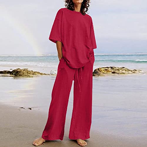 Two Piece Linen Short Sleeve Tops Wide Leg Pants Matching Sets Z819449