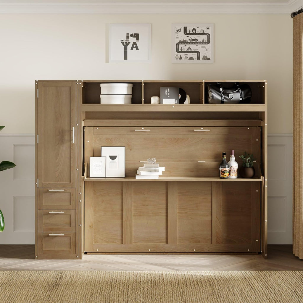 Full Size Murphy Bed Frame with Wardrobe, 3 Drawers and Open Shelves T428