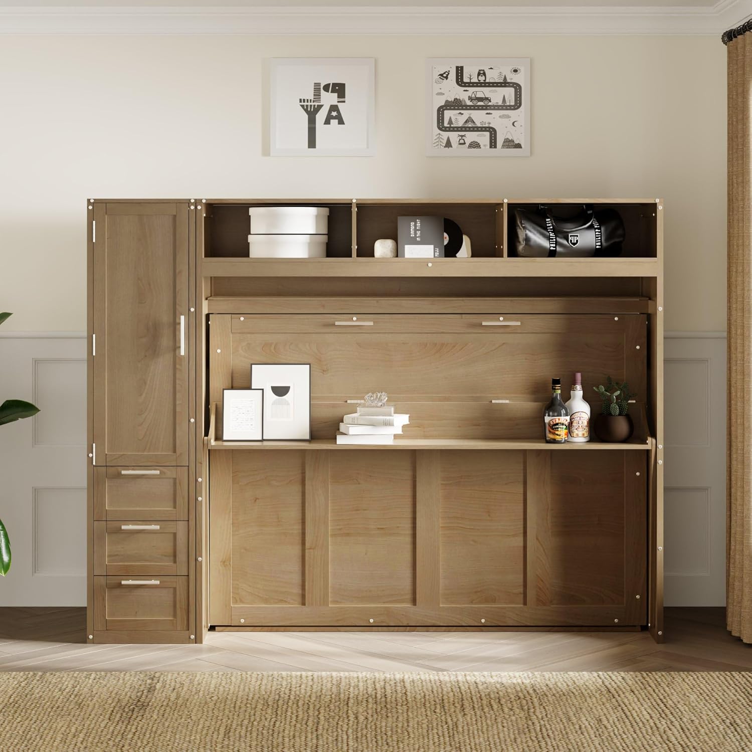 Full Size Murphy Bed Frame with Wardrobe, 3 Drawers and Open Shelves T428