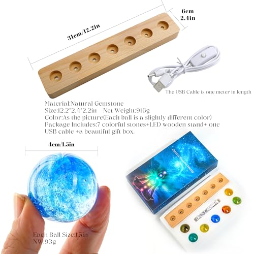 7 Pcs Crystal Glass Decorative Ball Set with LED Wooden Base X3427