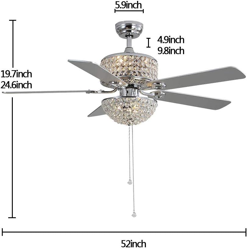 Silver Crystal Ceiling Fan with Light and Remote 5 Blades K7109