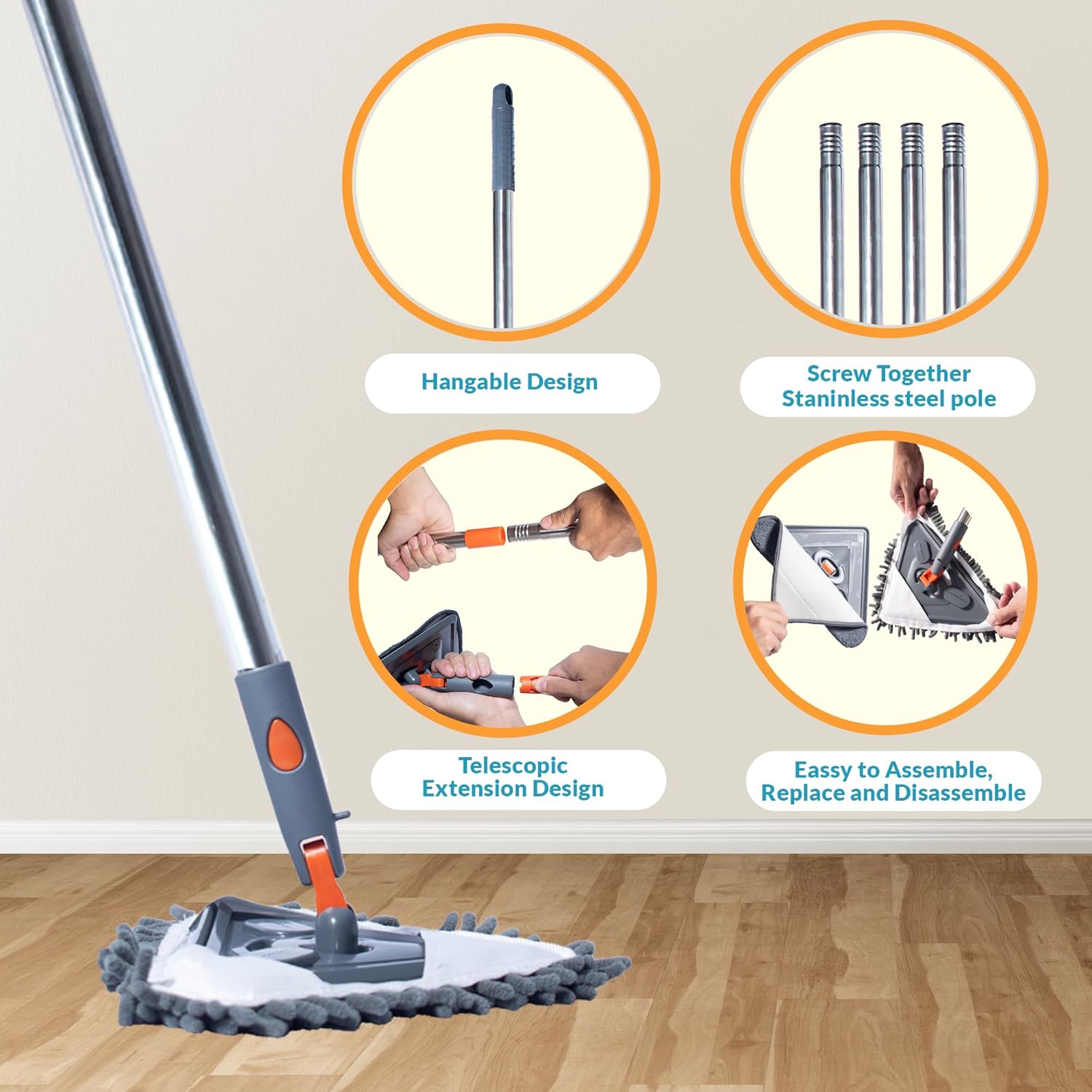 Wall Cleaning Mop with Long Handle 85 inches, 6 Microfiber Reusable Mop T71210