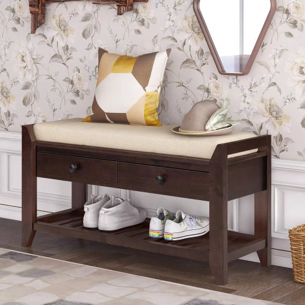 Espresso Shoe Rack with Cushioned Seat and Drawers J126