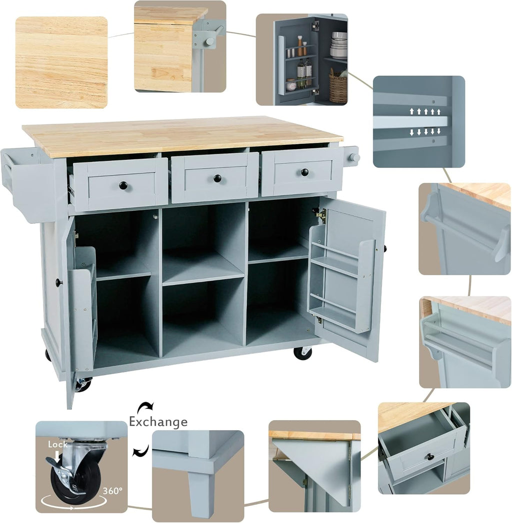 Blue Kitchen Cart with Rubber Wood Drop-Leaf Countertop R356542